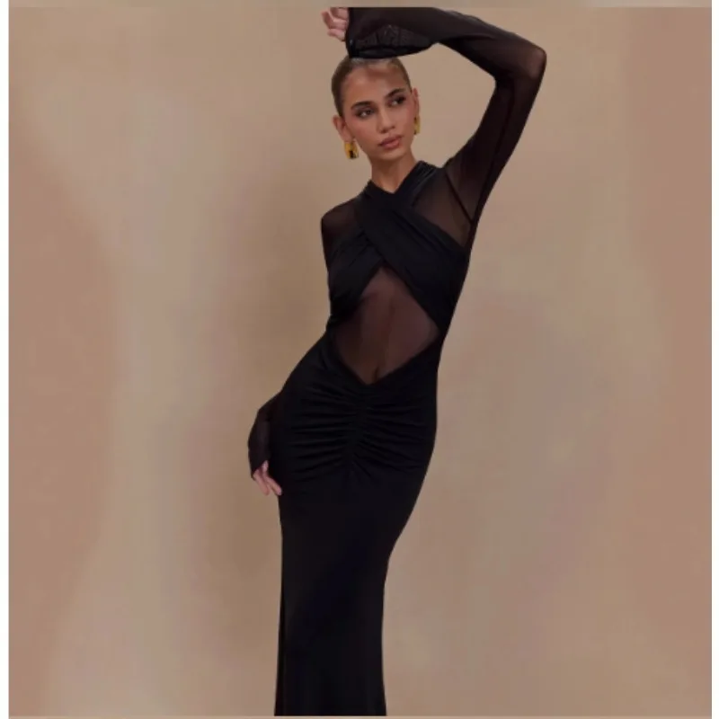 Black Sheer Maternity Dress, Mesh Long Sleeve Bodycon Maxi Gown for Bump Revealing Photoshoot, Sexy Pregnancy Evening Wear