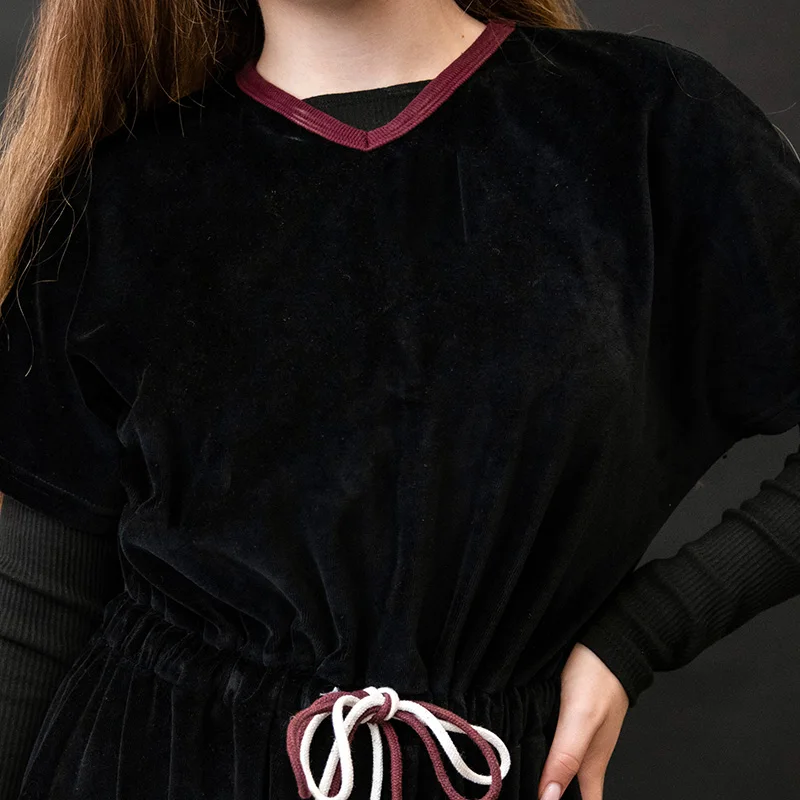 Shabbos Teen/Woman Dress Winter Robe Short Sleeves Clothing Waist 2 Cord Strings Girls Black Velour Dress Sizes XS-XXXL