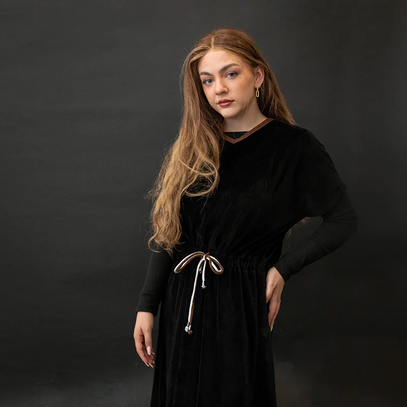 Shabbos Teen/Woman Dress Winter Robe Short Sleeves Clothing Waist 2 Cord Strings Girls Black Velour Dress Sizes XS-XXXL
