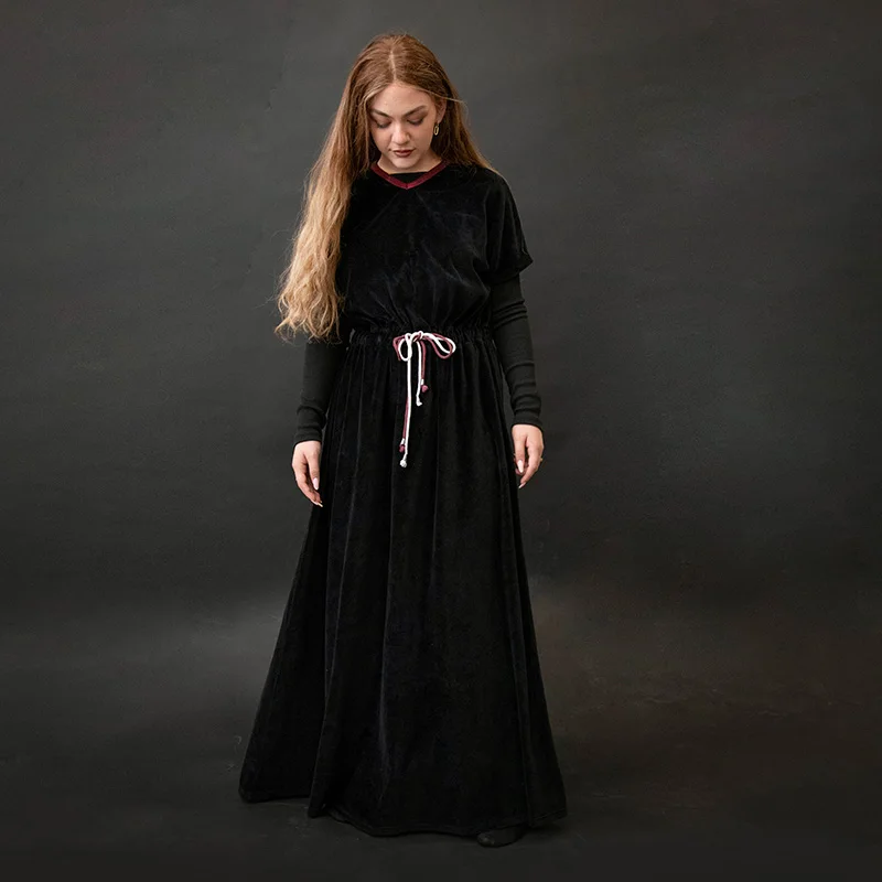 Shabbos Teen/Woman Dress Winter Robe Short Sleeves Clothing Waist 2 Cord Strings Girls Black Velour Dress Sizes XS-XXXL