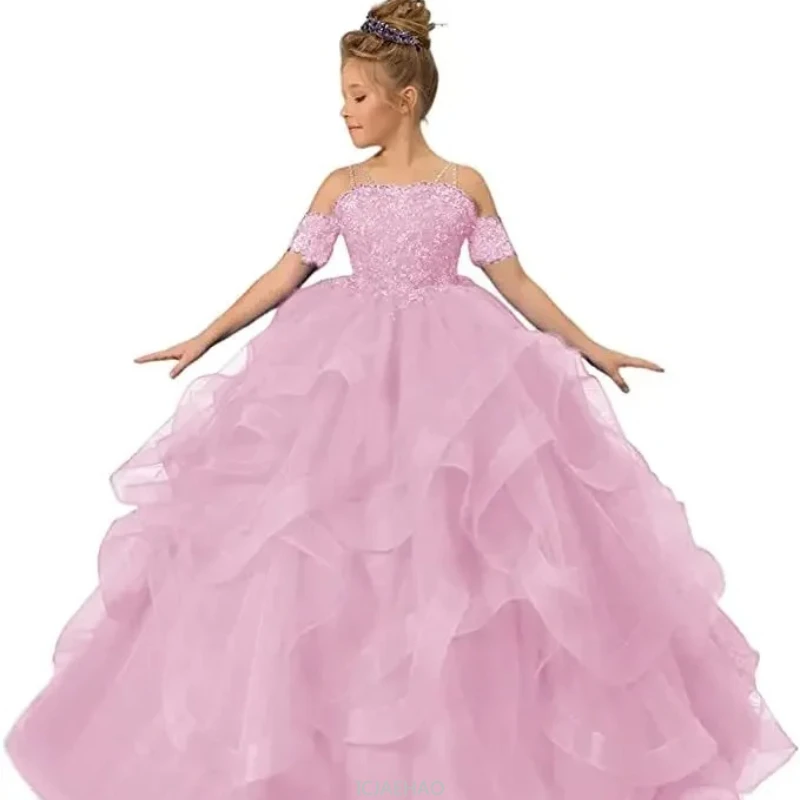 Dress for girls Party Flower Kids Ball Gown Tulle Off Shoulder Children Birthday Wedding Dresses First Communion Gown Clothing