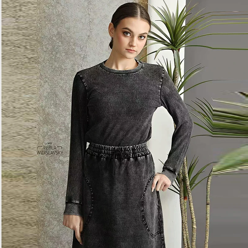 Denim Black Women Lady Clothes Round Neck Shirt Maxi Waisted Skirt and Long Sleeves Top Set Raw Edges Girl Skirt with Pockets