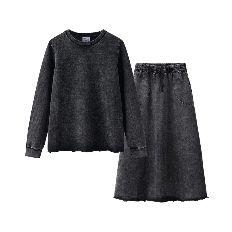 Denim Black Women Lady Clothes Round Neck Shirt Maxi Waisted Skirt and Long Sleeves Top Set Raw Edges Girl Skirt with Pockets