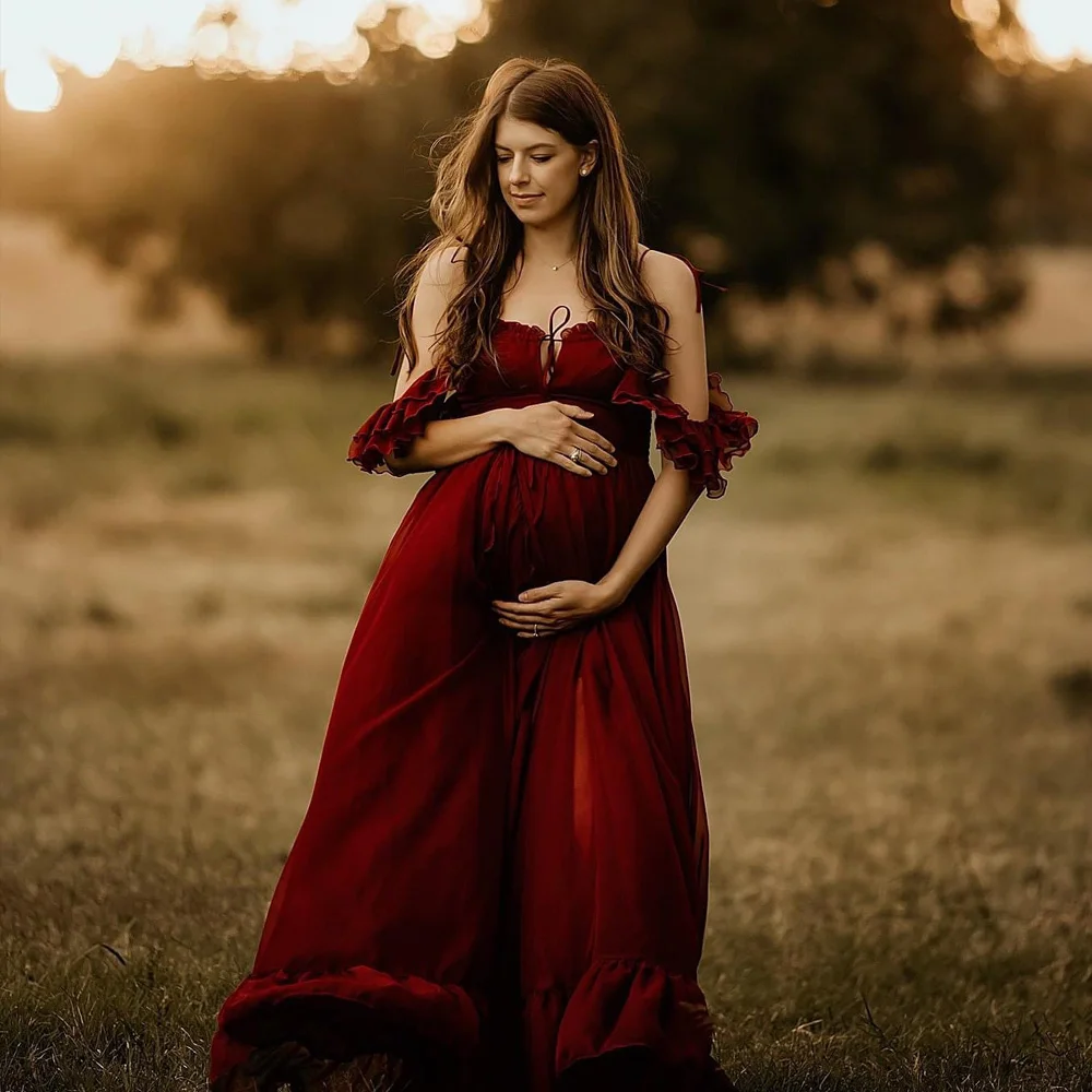 Maternity Photography Studio Costumes Wine Red Elegant Chiffon Dress Photo Shoot Dress For Pregnant Women