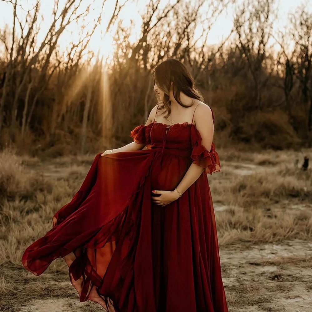 Maternity Photography Studio Costumes Wine Red Elegant Chiffon Dress Photo Shoot Dress For Pregnant Women
