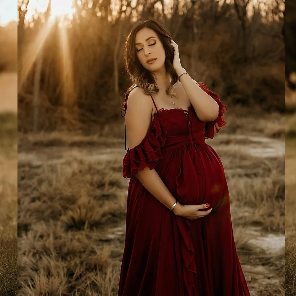 Maternity Photography Studio Costumes Wine Red Elegant Chiffon Dress Photo Shoot Dress For Pregnant Women