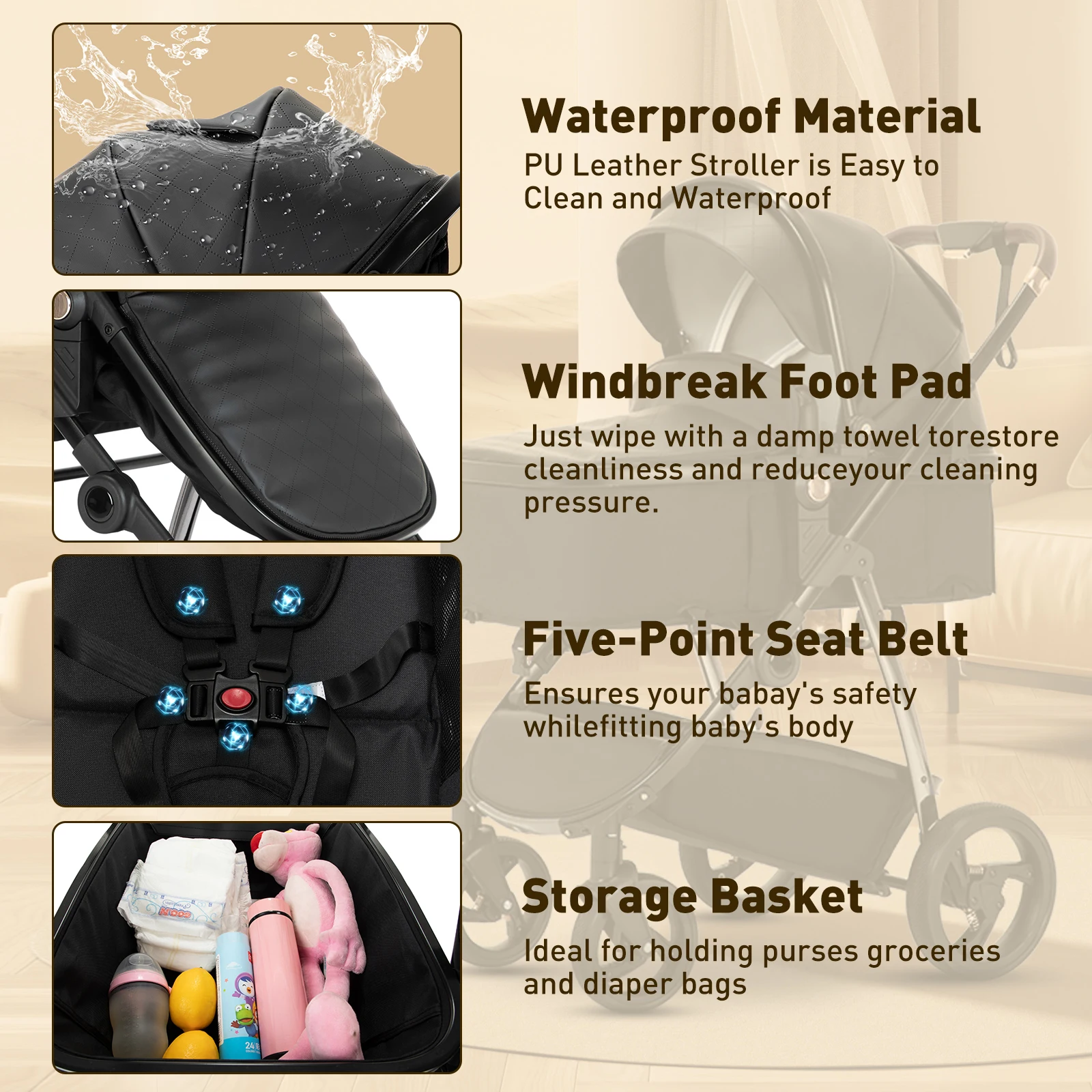 3 in 1 Baby Carriage Stroller Portable Luxurious Travel Pram High Landscape Newborn Baby Stroller with Baby Carrier PU Leather