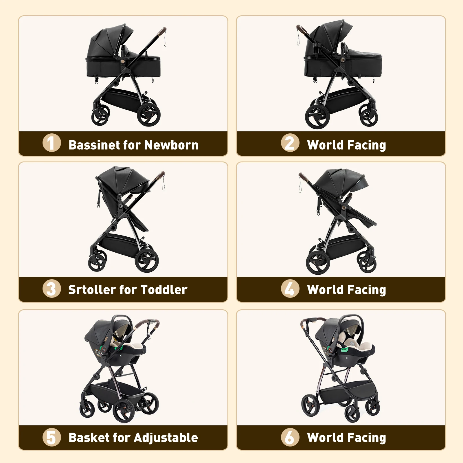 3 in 1 Baby Carriage Stroller Portable Luxurious Travel Pram High Landscape Newborn Baby Stroller with Baby Carrier PU Leather