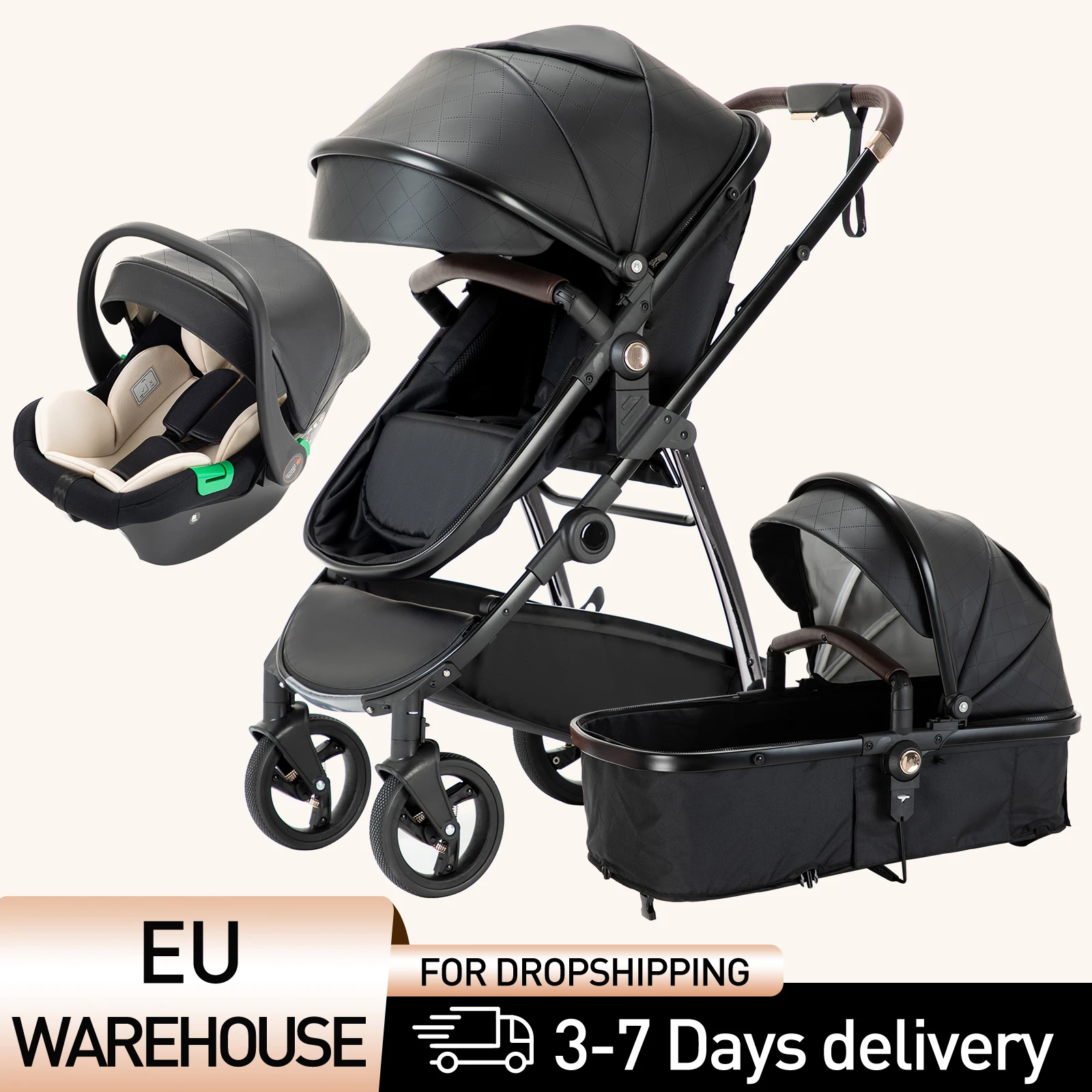 3 in 1 Baby Carriage Stroller Portable Luxurious Travel Pram High Landscape Newborn Baby Stroller with Baby Carrier PU Leather