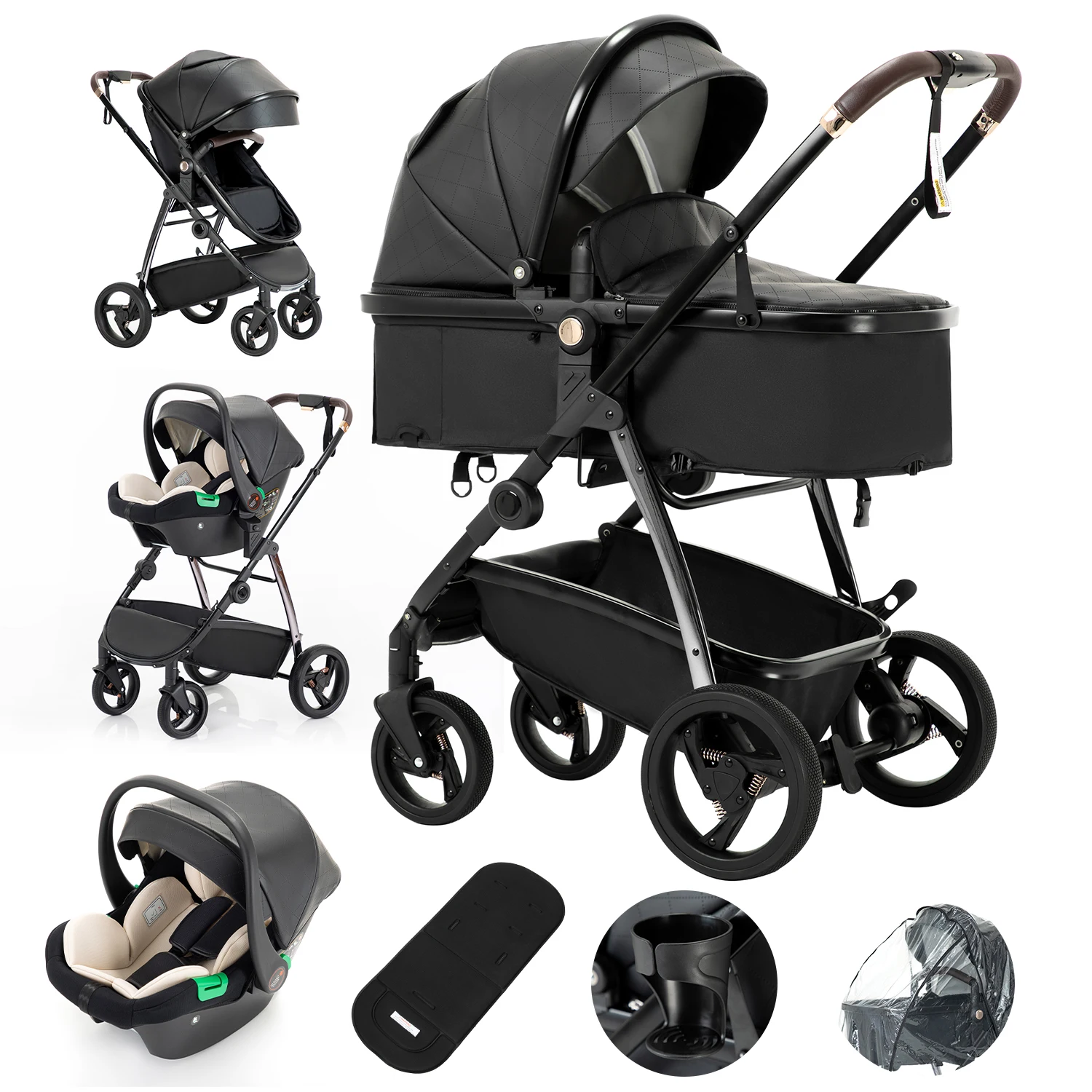3 in 1 Baby Carriage Stroller Portable Luxurious Travel Pram High Landscape Newborn Baby Stroller with Baby Carrier PU Leather