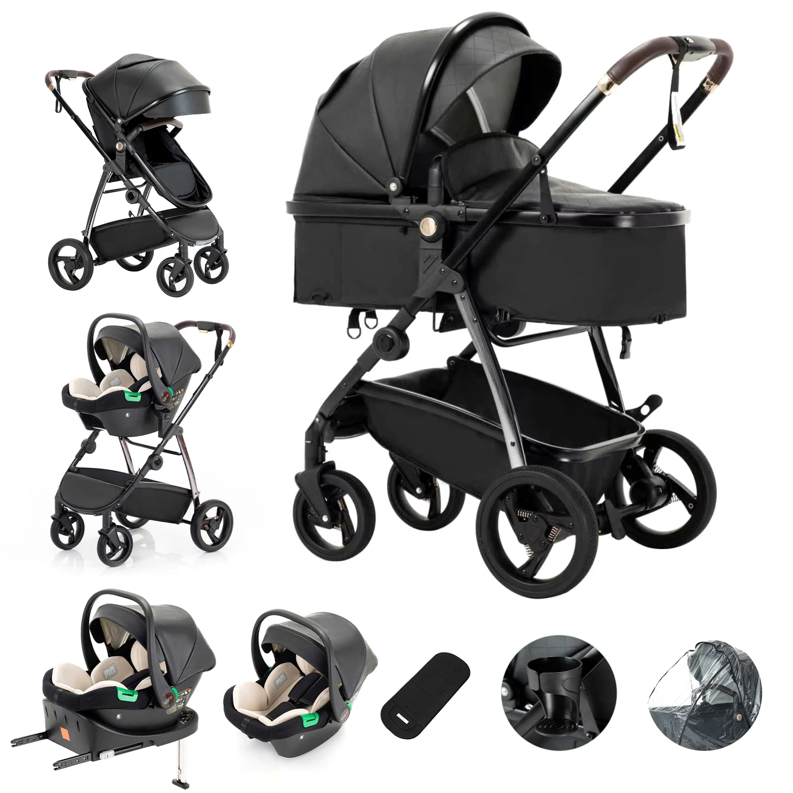 3 in 1 Baby Carriage Stroller Portable Luxurious Travel Pram High Landscape Newborn Baby Stroller with Baby Carrier PU Leather