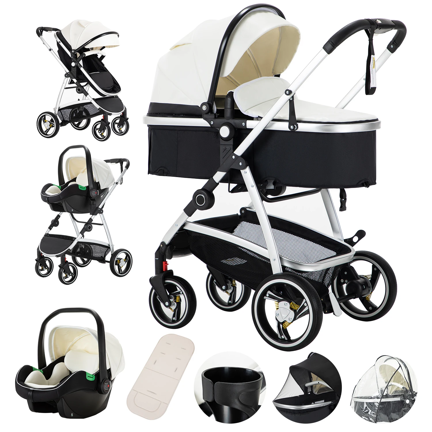 3 in 1 Baby Carriage Stroller Portable Luxurious Travel Pram High Landscape Newborn Baby Stroller with Baby Carrier PU Leather