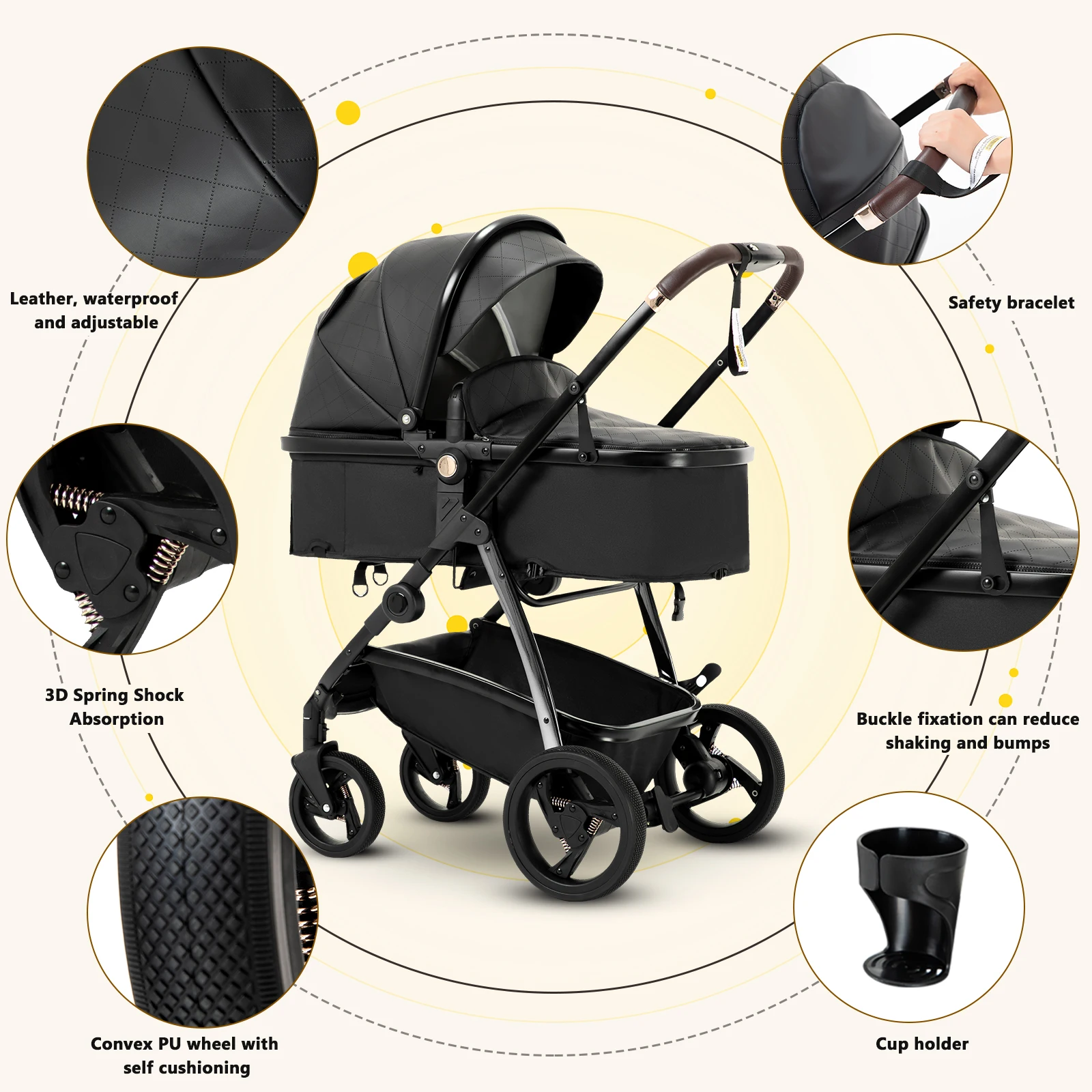 3 in 1 Baby Carriage Stroller Portable Luxurious Travel Pram High Landscape Newborn Baby Stroller with Baby Carrier PU Leather