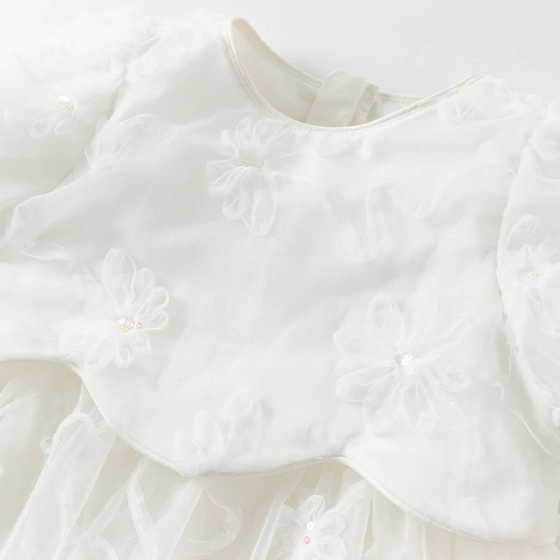 Dave Bella Children's Princess Dress For Girls Spring Summer Kids Mesh Skirt Sweet Puff Sleeves White Outerwear Party DB2251473