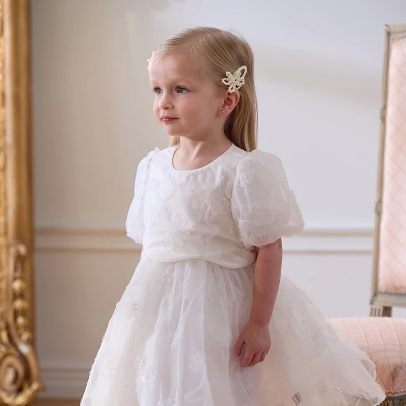 Dave Bella Children's Princess Dress For Girls Spring Summer Kids Mesh Skirt Sweet Puff Sleeves White Outerwear Party DB2251473