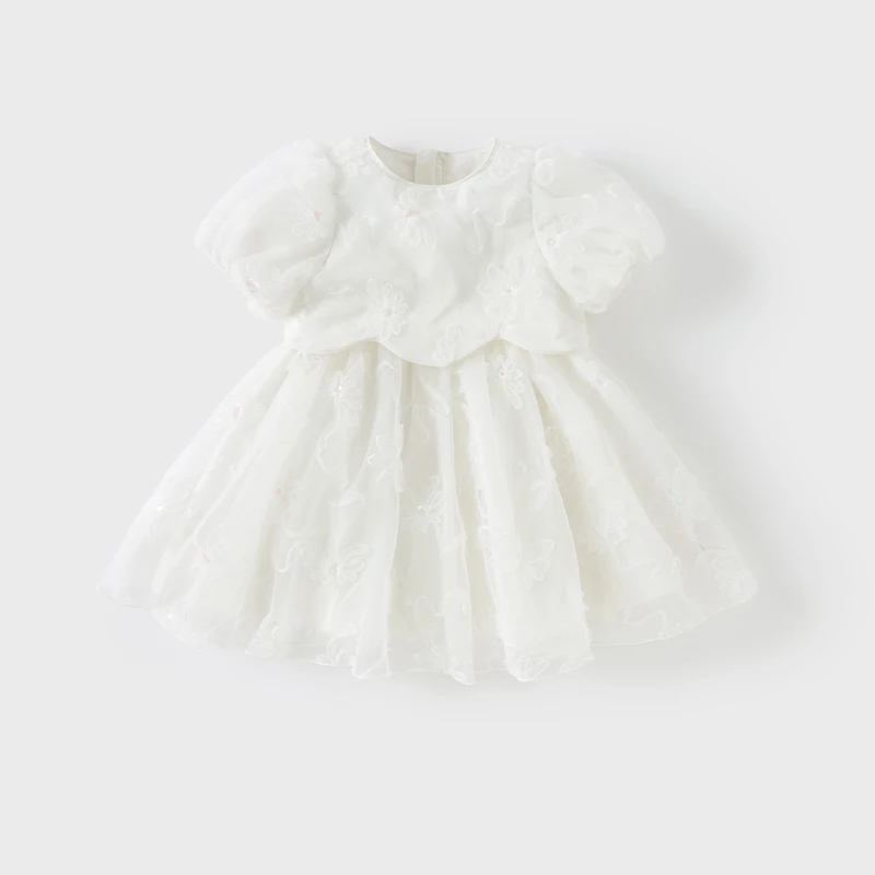 Dave Bella Children's Princess Dress For Girls Spring Summer Kids Mesh Skirt Sweet Puff Sleeves White Outerwear Party DB2251473