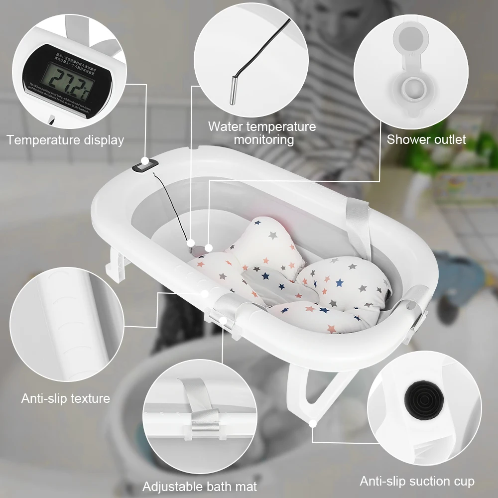 Foldable Baby Bathtub With Bath Mat, Baby Bathtub With Integrated Thermometer, Portable Baby Bathtub For Babies From 0-36 Months
