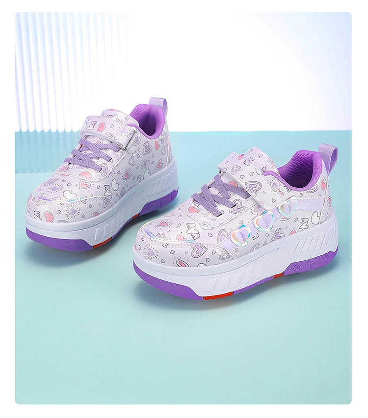 Cute Children Girls' Two Wheels Roller Skating Shoes With Cartoon Prints Teenagers Outdoor Sport Walking Sneakers Size 29-40