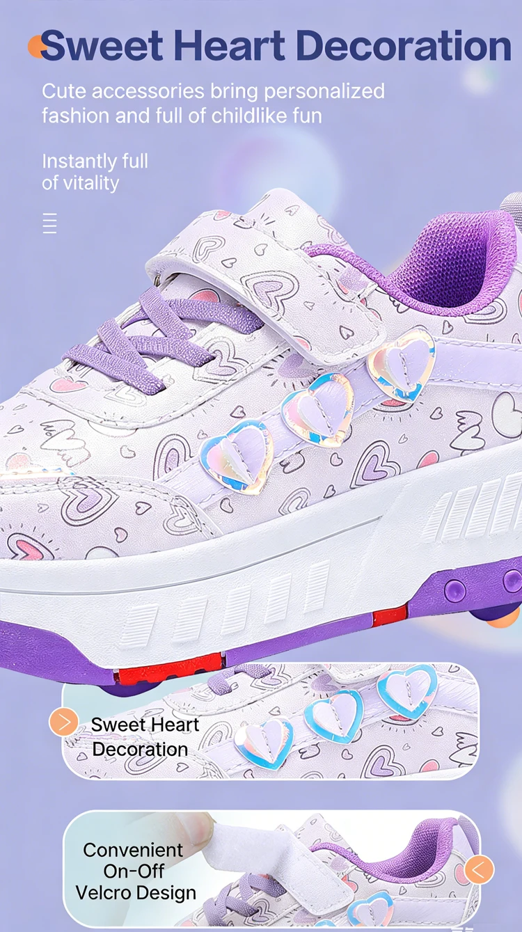 Cute Children Girls' Two Wheels Roller Skating Shoes With Cartoon Prints Teenagers Outdoor Sport Walking Sneakers Size 29-40