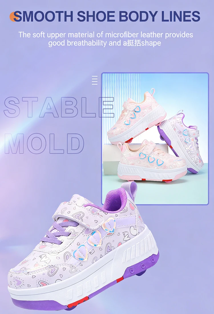 Cute Children Girls' Two Wheels Roller Skating Shoes With Cartoon Prints Teenagers Outdoor Sport Walking Sneakers Size 29-40
