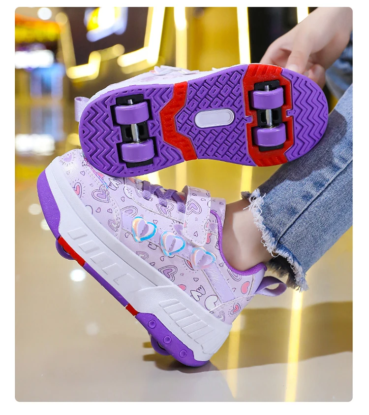 Cute Children Girls' Two Wheels Roller Skating Shoes With Cartoon Prints Teenagers Outdoor Sport Walking Sneakers Size 29-40