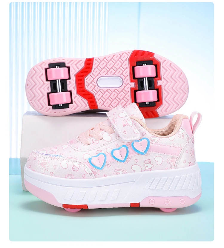 Cute Children Girls' Two Wheels Roller Skating Shoes With Cartoon Prints Teenagers Outdoor Sport Walking Sneakers Size 29-40
