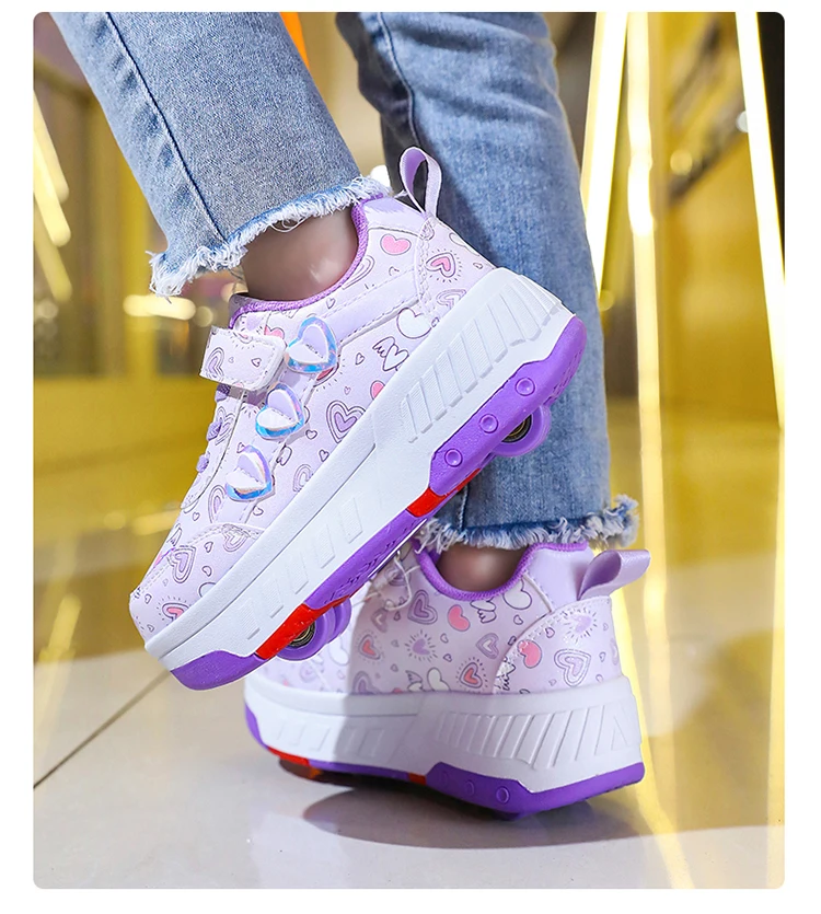 Cute Children Girls' Two Wheels Roller Skating Shoes With Cartoon Prints Teenagers Outdoor Sport Walking Sneakers Size 29-40