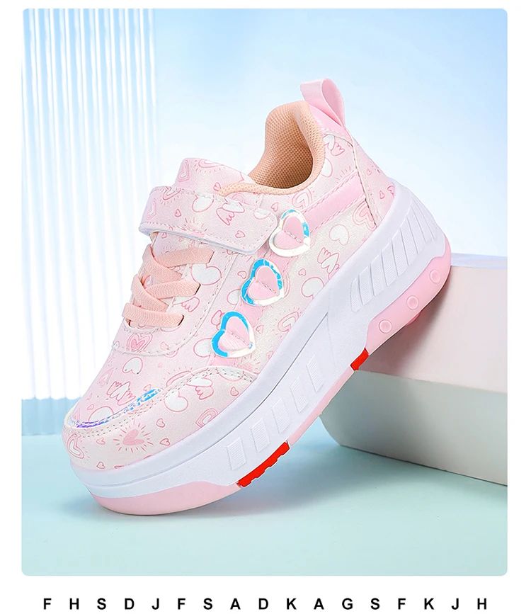 Cute Children Girls' Two Wheels Roller Skating Shoes With Cartoon Prints Teenagers Outdoor Sport Walking Sneakers Size 29-40