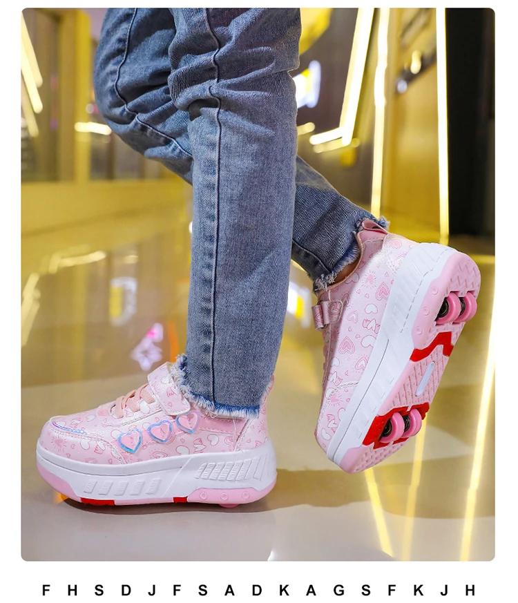 Cute Children Girls' Two Wheels Roller Skating Shoes With Cartoon Prints Teenagers Outdoor Sport Walking Sneakers Size 29-40