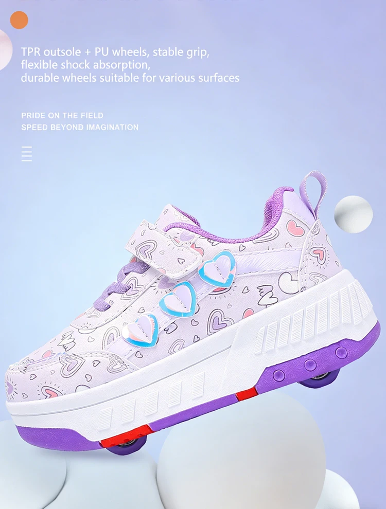 Cute Children Girls' Two Wheels Roller Skating Shoes With Cartoon Prints Teenagers Outdoor Sport Walking Sneakers Size 29-40