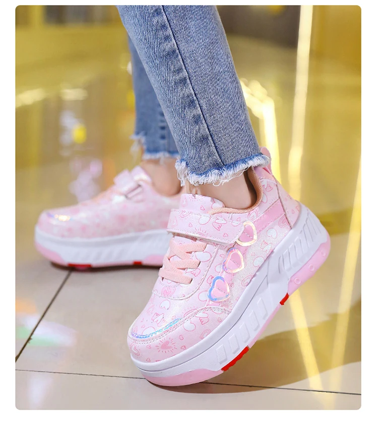 Cute Children Girls' Two Wheels Roller Skating Shoes With Cartoon Prints Teenagers Outdoor Sport Walking Sneakers Size 29-40