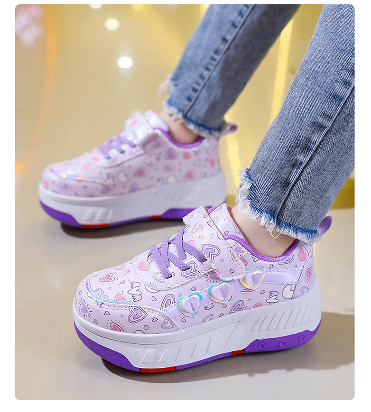 Cute Children Girls' Two Wheels Roller Skating Shoes With Cartoon Prints Teenagers Outdoor Sport Walking Sneakers Size 29-40