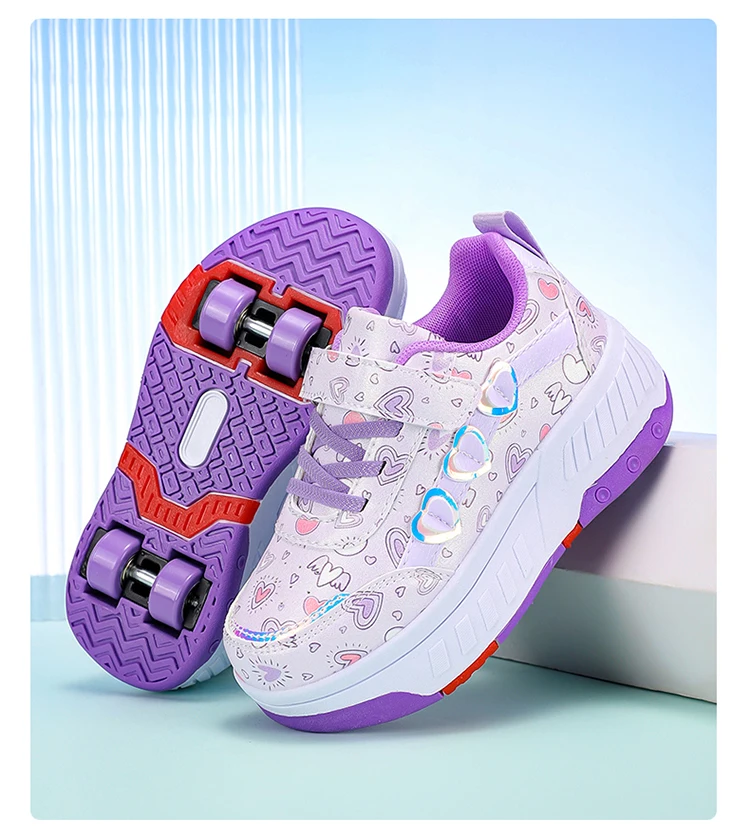 Cute Children Girls' Two Wheels Roller Skating Shoes With Cartoon Prints Teenagers Outdoor Sport Walking Sneakers Size 29-40