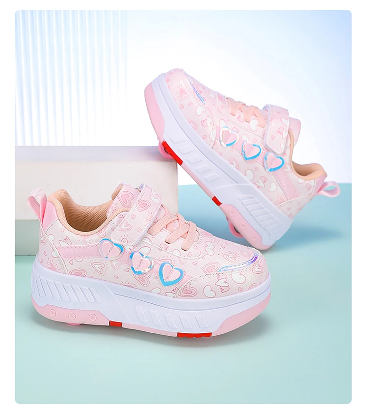 Cute Children Girls' Two Wheels Roller Skating Shoes With Cartoon Prints Teenagers Outdoor Sport Walking Sneakers Size 29-40
