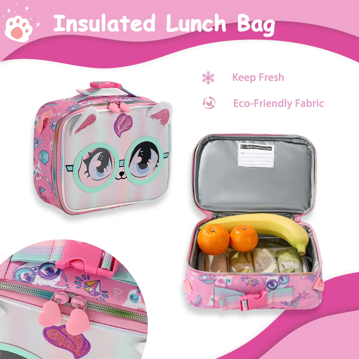 3 Pcs Kids Backpack Set for Girls School Bag, Lightweight Elementary, Large Capacity & Water-Resistant, with Lunch Bag&Lunch Box