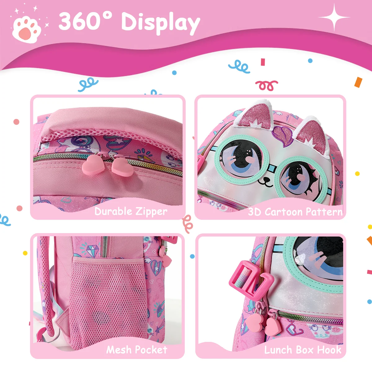 3 Pcs Kids Backpack Set for Girls School Bag, Lightweight Elementary, Large Capacity & Water-Resistant, with Lunch Bag&Lunch Box