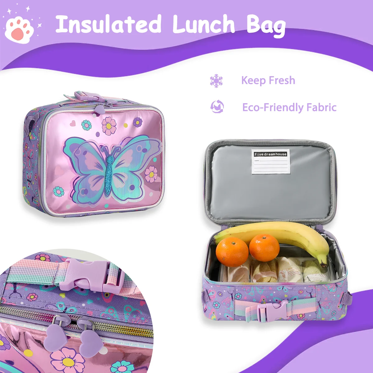 3 Pcs Kids Backpack Set for Girls School Bag, Lightweight Elementary, Large Capacity & Water-Resistant, with Lunch Bag&Lunch Box