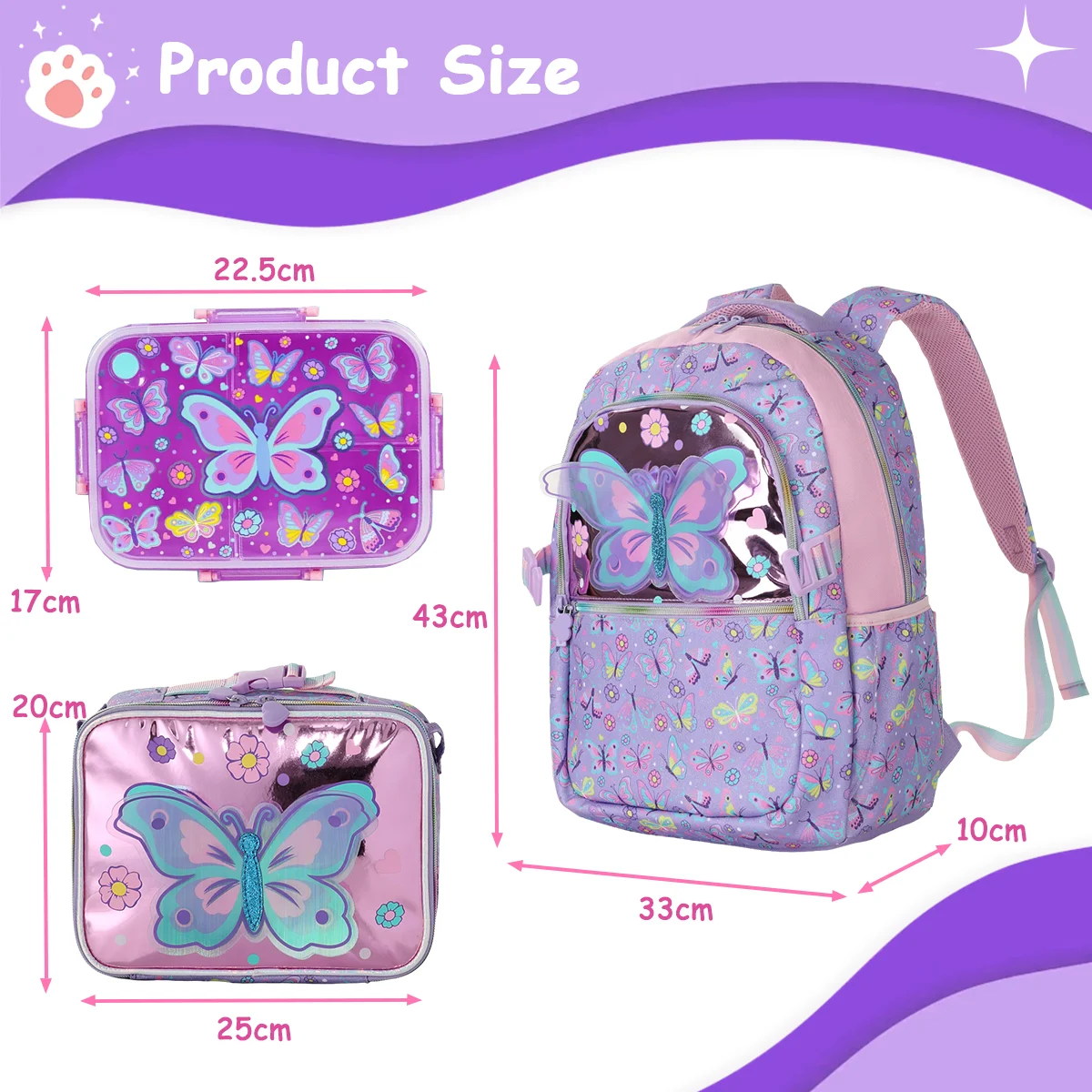 3 Pcs Kids Backpack Set for Girls School Bag, Lightweight Elementary, Large Capacity & Water-Resistant, with Lunch Bag&Lunch Box