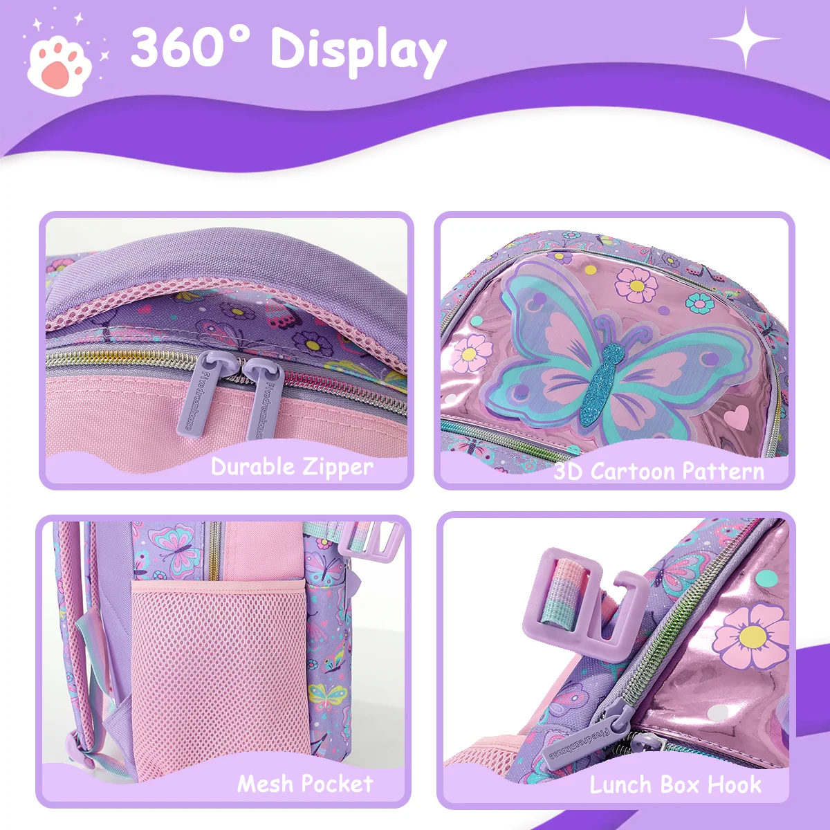3 Pcs Kids Backpack Set for Girls School Bag, Lightweight Elementary, Large Capacity & Water-Resistant, with Lunch Bag&Lunch Box