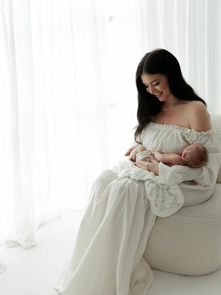 Maternity Photoshoot Dress Off Shoulder Long Sleeve White Boho Maxi Gown Pregnancy Photography Outfit Baby Bump Maternity Gown