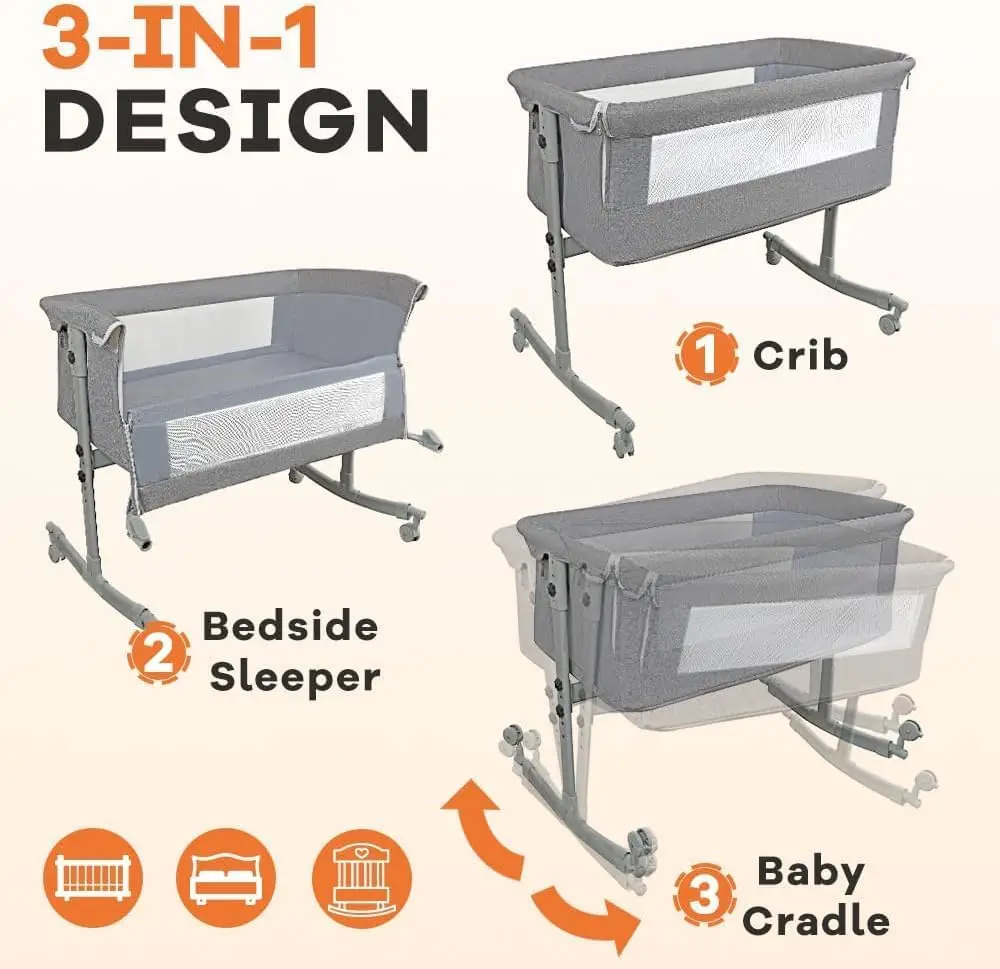 3-in-1 baby bed, portable crib, baby playpen, 0–3 years, multifunctional, foldable and adjustable, with a mosquito net and castors