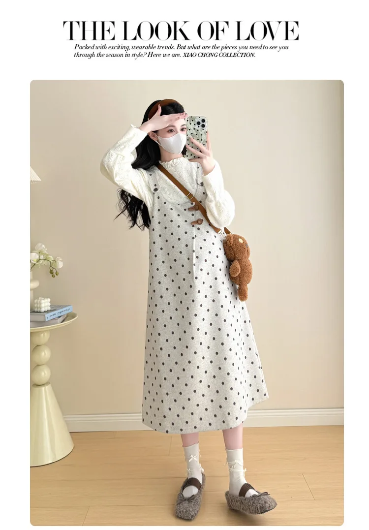 Maternity Suit 2026 Spring Autumn Sweet Cute Loose Comfortable Polka Dot Vest Dress and Sweater Two Piece Set For Pregnant Women