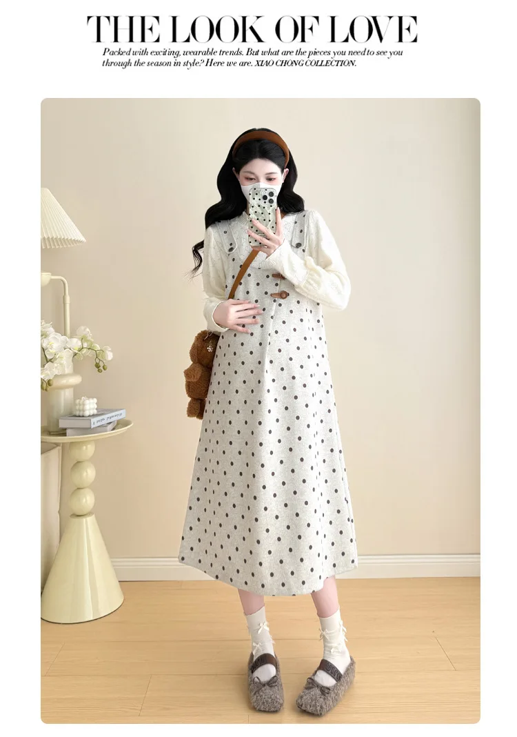 Maternity Suit 2026 Spring Autumn Sweet Cute Loose Comfortable Polka Dot Vest Dress and Sweater Two Piece Set For Pregnant Women