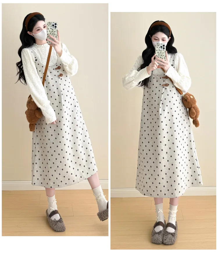 Maternity Suit 2026 Spring Autumn Sweet Cute Loose Comfortable Polka Dot Vest Dress and Sweater Two Piece Set For Pregnant Women