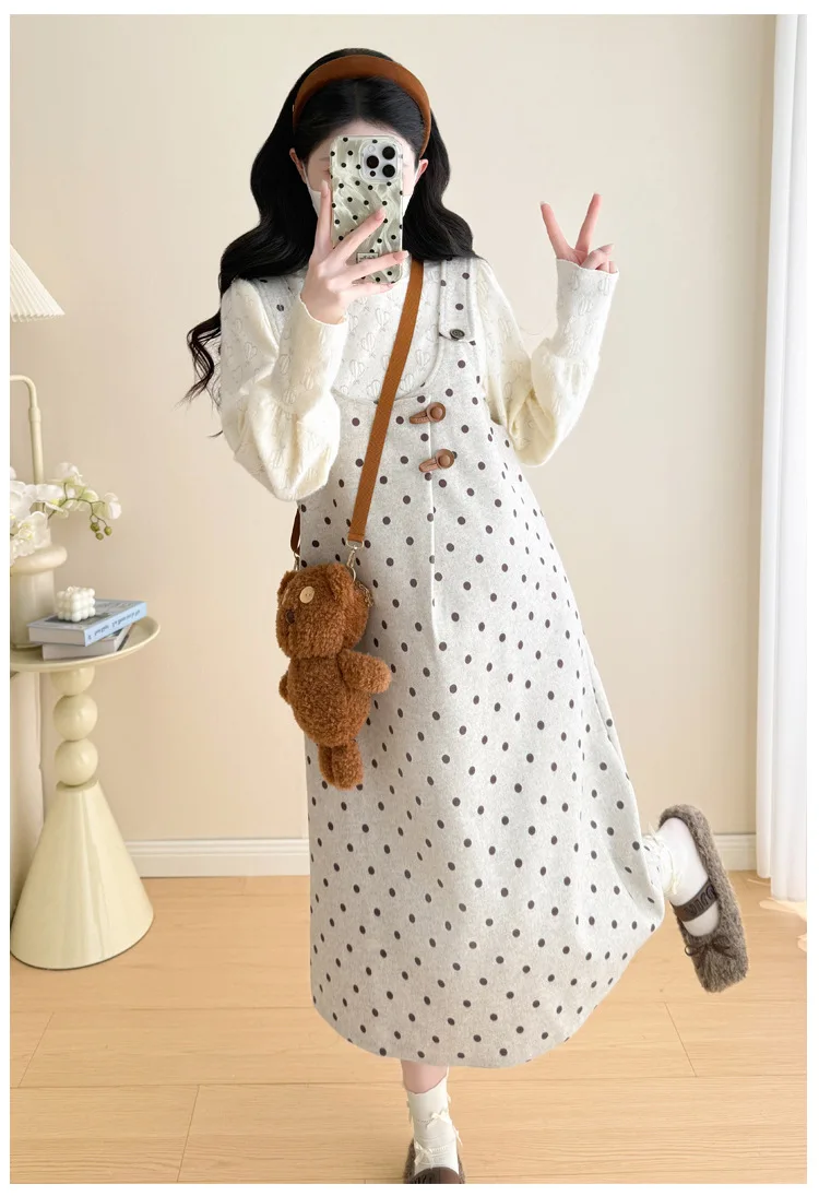 Maternity Suit 2026 Spring Autumn Sweet Cute Loose Comfortable Polka Dot Vest Dress and Sweater Two Piece Set For Pregnant Women