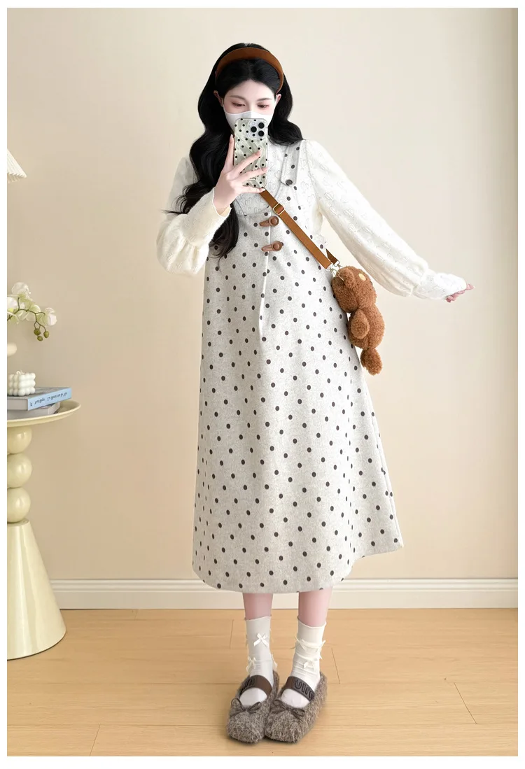 Maternity Suit 2026 Spring Autumn Sweet Cute Loose Comfortable Polka Dot Vest Dress and Sweater Two Piece Set For Pregnant Women