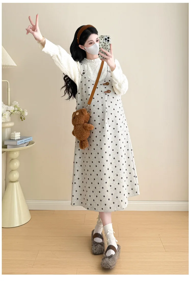Maternity Suit 2026 Spring Autumn Sweet Cute Loose Comfortable Polka Dot Vest Dress and Sweater Two Piece Set For Pregnant Women