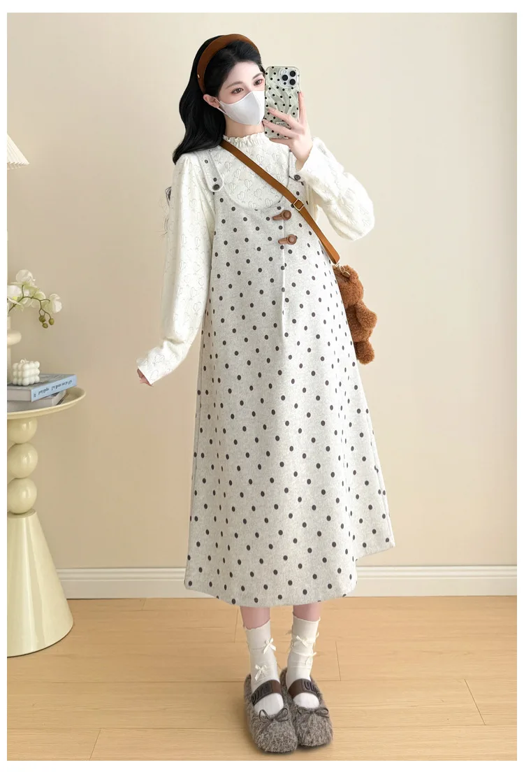 Maternity Suit 2026 Spring Autumn Sweet Cute Loose Comfortable Polka Dot Vest Dress and Sweater Two Piece Set For Pregnant Women