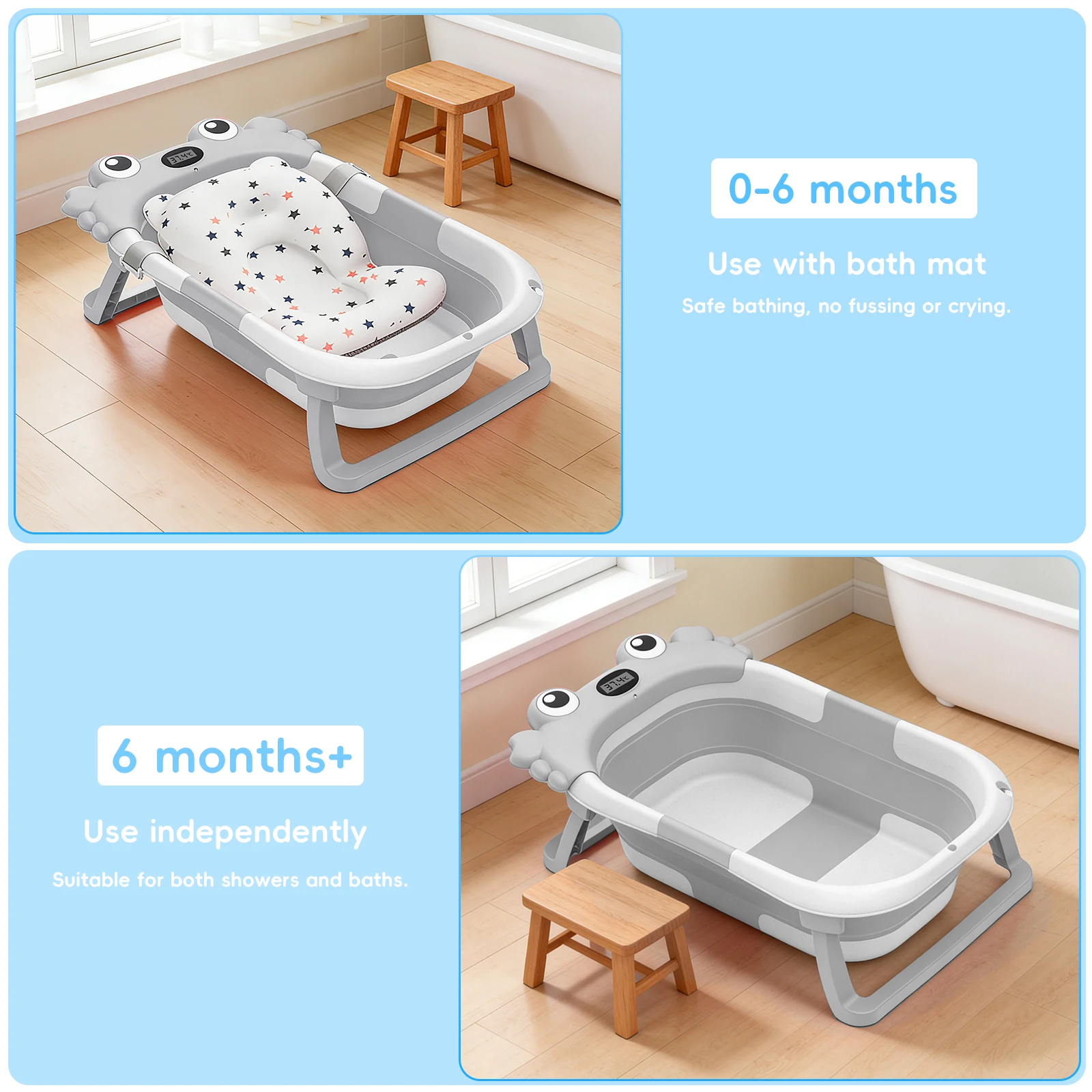 Foldable Baby Bathtub with Built-in Thermometer PP TPE Safe Material Non-Slip Infant Bath Tub for Home Travel
