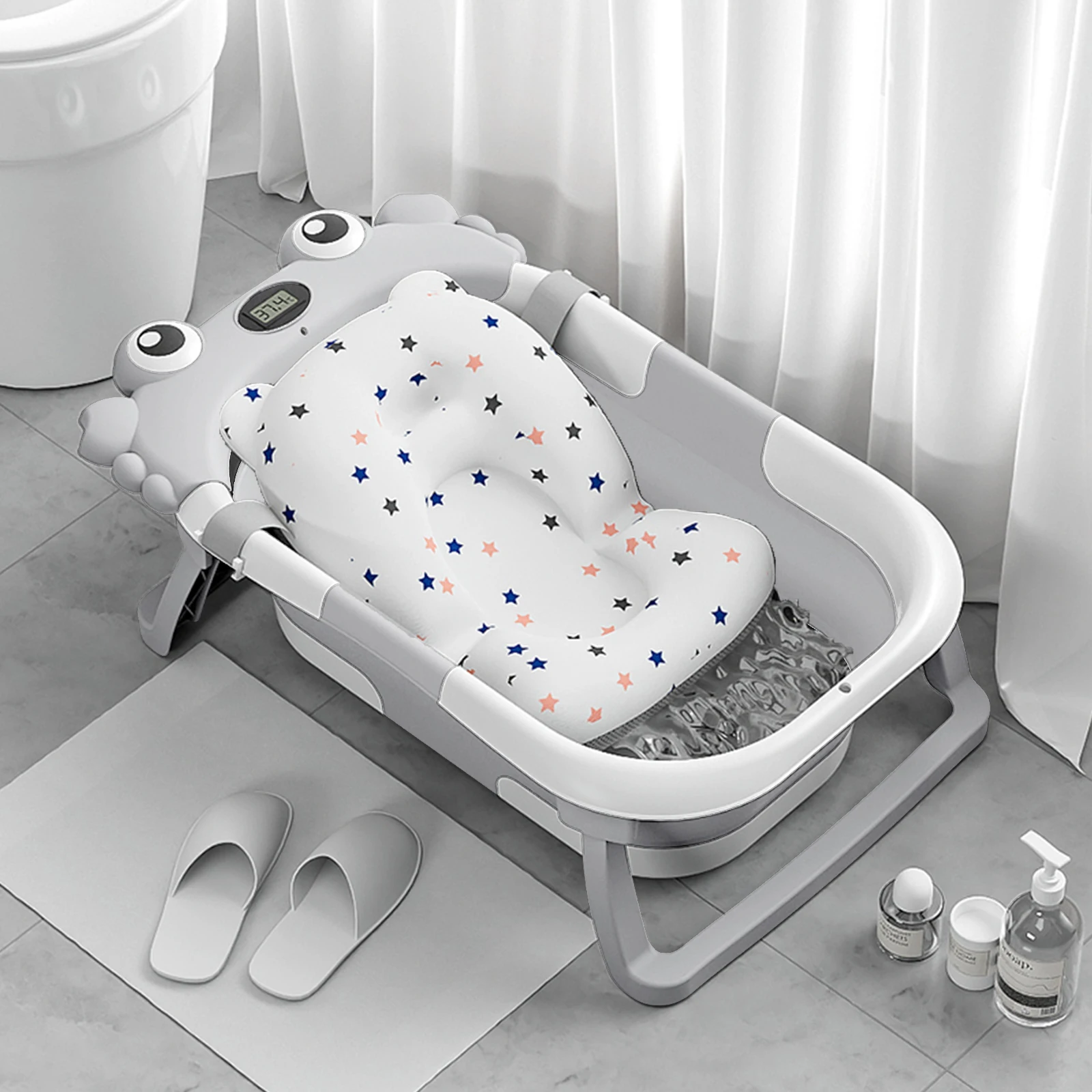 Foldable Baby Bathtub with Built-in Thermometer PP TPE Safe Material Non-Slip Infant Bath Tub for Home Travel